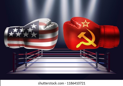 Boxing gloves with prints of the USA and the USSR flags facing each other on a ring lit by spotlights, realistic vector illustration design