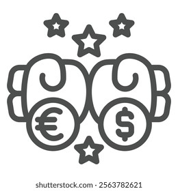 Boxing gloves punch with coins line icon, world sanctions concept. Vector graphics. Euro, dollar, economy fight sign on white background, outline style icon for mobile or web design