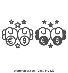 Boxing gloves punch with coins line and solid icon, world sanctions concept. Vector graphics. Euro, dollar, economy fight sign on white background, outline style icon for mobile or web design
