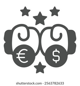 Boxing gloves punch with coins solid icon, world sanctions concept. Vector graphics. Euro, dollar, economy fight sign on white background, glyph style icon for mobile or web design