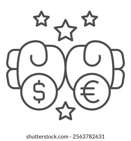 Boxing gloves punch with coins thin line icon, world sanctions concept. Vector graphics. Euro, dollar, economy fight sign on white background, outline style icon for mobile or web design