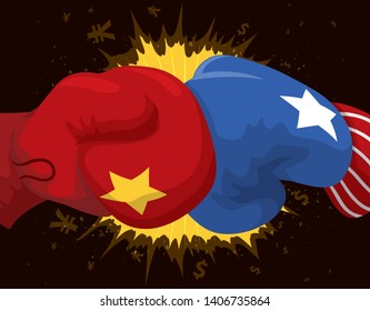 Boxing gloves punching and creating a blast with dollar and yuan symbols during Trade War: U.S.A. vs China causing economic conflict.