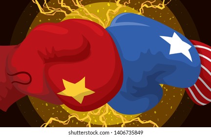 Boxing gloves punching each other causing friction and lightnings as the Trade War between China and U.S.A.