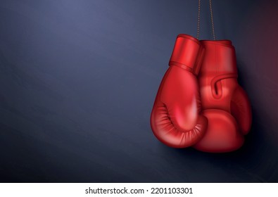 Boxing gloves realistic composition with dark gradient background and pair of red mufflers hanging on strings vector illustration