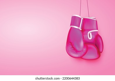 Boxing gloves realistic composition with view of hanging pair of pink boxing gloves on gradient background vector illustration