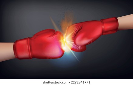 Boxing gloves realistic composition with view of two striking hands in gloves with shiny light burst vector illustration