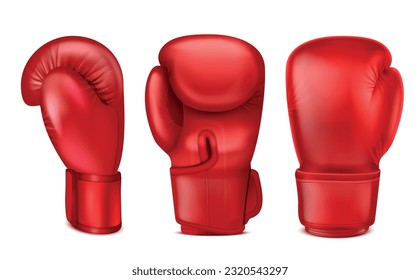 Guantes de boxeo realistas con imágenes aisladas de mufler rojo de ángulo diferente en ilustración vectorial de fondo en blanco