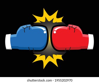 guantes de boxeo, rojo y azul, choque o colisión de oponentes o rivales, ilustración vectorial