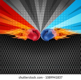 Boxing gloves Red and Blue in fire hitting together isolated on red and blue fighting background, vector illustration.
