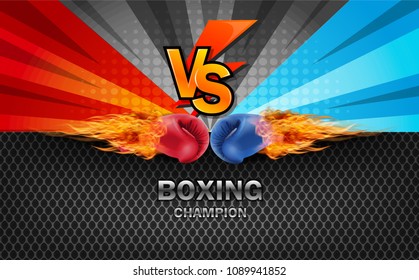 Boxing gloves Red and Blue in fire hitting together isolated on red and blue fighting background, vector illustration.
