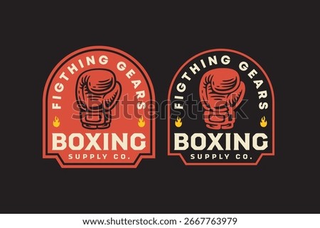 Boxing gloves retro badge logo design set for boxer. Fighting mitten vintage emblem label element designs collections. Martial arts, Fighter, Gear, Supply . Vector Illustration