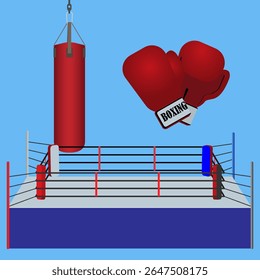 boxing gloves, boxing ring and punching bag on blue background