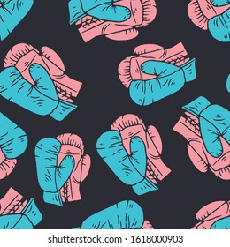 Boxing Gloves Seamless Pattern. Boxing Equipment Seamless Pattern on black background isolated. Stock Vector Illustration. Cartoon style. 