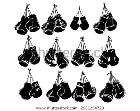 Boxing Gloves Silhouette Set, Hanging for Design Inspiration, silhouette boxing gloves hanging. boxing gloves, boxing, combat sports, sports, gloves, silhouette, black and white, monochrome, hanging.