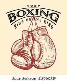 Boxing gloves sketch. Boxing sport retro emblem. Hand drawn vector illustration in vintage engraving style