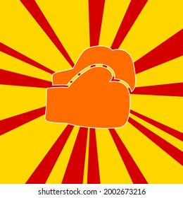 Boxing gloves symbol on a background of red flash explosion radial lines. The large orange symbol is located in the center of the sun, symbolizing the sunrise. Vector illustration on yellow background