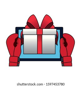 boxing gloves with tablet and gift box icon over white background, vector illustration
