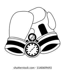 Boxing gloves and timer in black and white