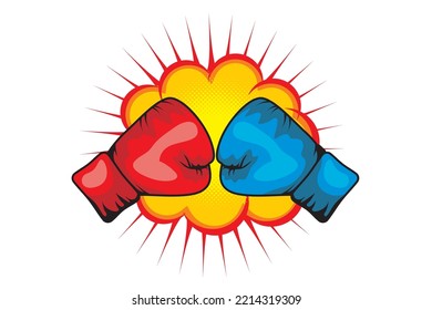 Boxing gloves in tournaments. Boxing championship comic cartoon. Boxing sport white background