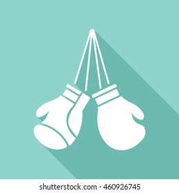 Boxing gloves vector icon with long shadow. White illustration isolated on green background for graphic and web design.