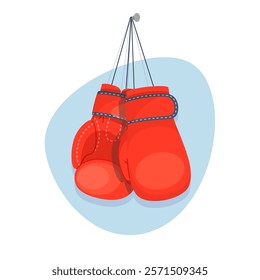 Boxing gloves weigh on laces. Fighting sport professional accessory. Kickboxing equipment. Sportswear red leather uniform. Tournament and championship cartoon flat isolated vector concept