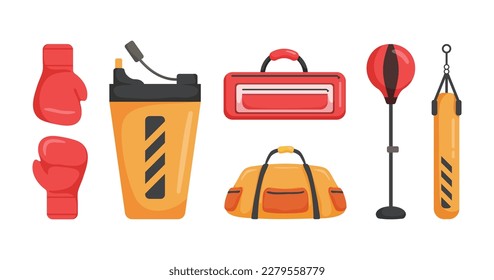 Boxing gloves,Sack,Sport bag.Exercise equipment in cartoon character,isolated on white background
