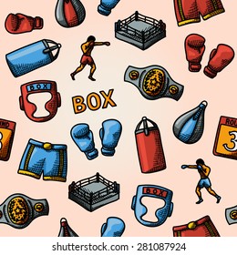 Boxing hand drawn color pattern - gloves, shorts, helmet, round card, boxer, ring, belt, punch bags. Vector