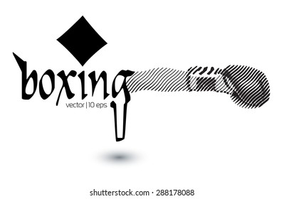 Boxing hand with an inscription. Black and white graphic style.