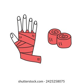 Boxhandwickel. Sportschützende Bandagen und Bänder für Boxer. Vektor-Illustration im Cartoon-Doodle-Stil. Skizze mit roter Farbe