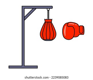 boxing hanging red pear and leather glove for fight. flat vector illustration