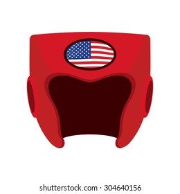 Boxing helmet with the flag of America. Red protective patriotic, sports equipment. Vector illustration