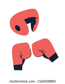 Boxing helmet with gloves for training and competition. Sportswear for boxing. Protection for hands and head. Illustration in flat cartoon graphic style.