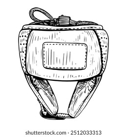 Boxe capacete desenhado à mão esboço. Equipamento desportivo. Proteção de cabeça em uma luta. Roupas de boxers. Equipamento para lutas, luta livre. Esportes profissionais. Ilustração da arte da linha do contorno do vetor.