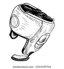 Boxe capacete desenhado à mão esboço. Equipamento desportivo. Proteção de cabeça em uma luta. Roupas de boxers. Equipamento para lutas, luta livre. Esportes profissionais. Ilustração da arte da linha do contorno do vetor.