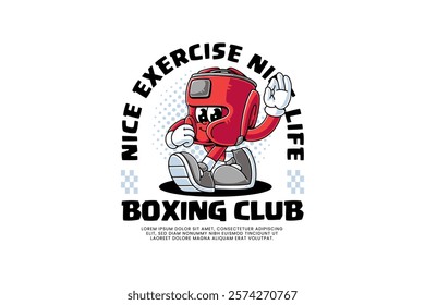 boxing helmet headgear protection retro cartoon character mascot illustration with walking pose and showing ok hand for boxing training fighter fitness sport club mascots and merchandise