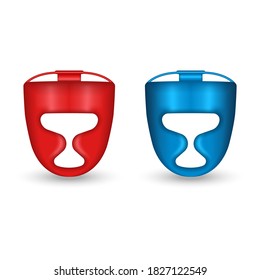 Boxing helmet set 3d realistic vector illustration isolated on white background, sports equipment for boxing, two of red and blue helmet boxer head protection