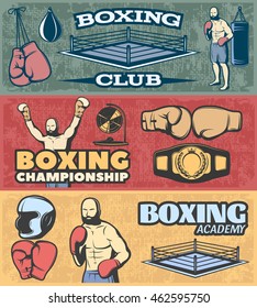 Boxing horizontal banners set with fight club championship and academy  on grunge style background isolated vector illustration
