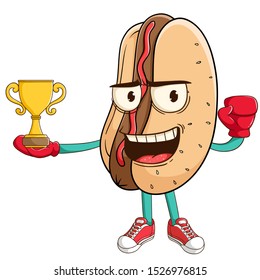 Boxing Hot Dog Cartoon Character Win The Championship With Trophy And Funny Smile Face