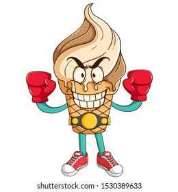 boxing ice cream waffle cone cartoon character win the championship with funny smile face