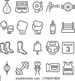 Boxing icon illustration vector set. Contains such icon as Sandbag, Champions Belt, Boxing short, Boxing gloves, Boxing shoes, Stage, Shirt and more. Expanded Stroke