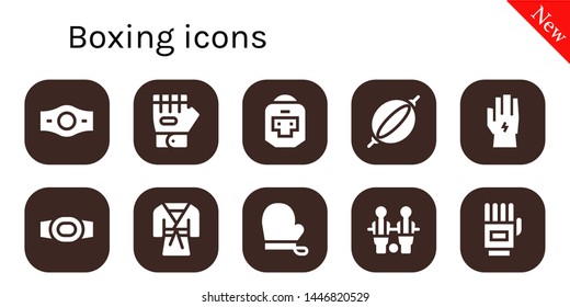 boxing icon set. 10 filled boxing icons.  Collection Of - Champion belt, Glove, Boxer, Punching bag, Judo, Gloves, Table football