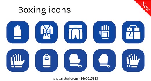 boxing icon set. 10 filled boxing icons.  Collection Of - Gloves, Judo, Boxing shorts, Glove, Punching bag, Football gloves