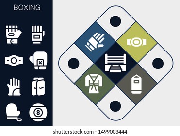 boxing icon set. 13 filled boxing icons.  Collection Of - Boxing ring, Gloves, Billiard, Shin guards, Champion belt, gloves, Glove, Judo, Punching bag