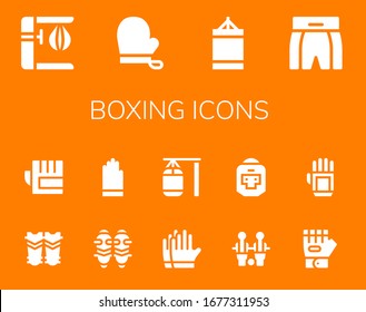 boxing icon set. 14 filled boxing icons.  Simple modern icons such as: Punching bag, Gloves, Punching ball, Boxing shorts, Shin guards, Table football, Boxer, Glove