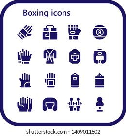 boxing icon set. 16 filled boxing icons.  Collection Of - Gloves, Glove, Billiard, Football gloves, Judo, Boxer, Boxing helmet, Punching bag, Punching ball, Table football