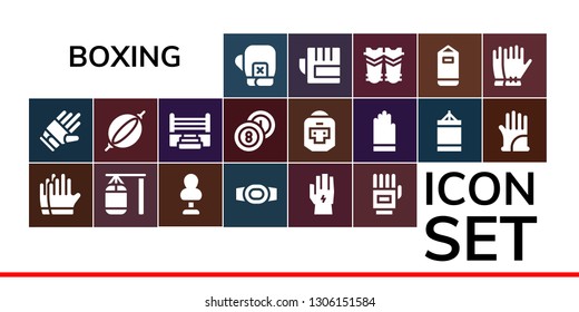 boxing icon set. 19 filled boxing icons.  Simple modern icons about  - Boxing gloves, Gloves, Punching bag, Champion belt, Glove, ring, Billiards, Boxer, Punching ball
