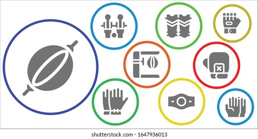 boxing icon set. 9 filled boxing icons.  Simple modern icons such as: Punching bag, Table football, Shin guards, Gloves, Champion belt, Boxing gloves, Glove
