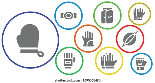 boxing icon set. 9 filled boxing icons. Included Gloves, Champion belt, Shin guards, Punching bag, Glove icons