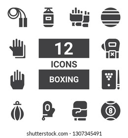 boxing icon set. Collection of 12 filled boxing icons included Billiard, Boxing gloves, Glove, Punching bag, Gloves, Thailand, Jumping rope
