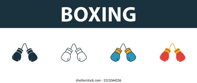 Boxing icon set. Four elements in diferent styles from sport equipment icons collection. Creative boxing icons filled, outline, colored and flat symbols.